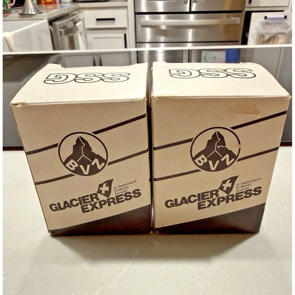 Glacier Express Swiss Train Slanted Wine Glass  Original Box‎ Set of 2 Vintage